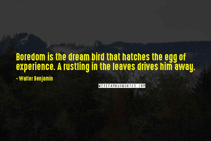 Walter Benjamin Quotes: Boredom is the dream bird that hatches the egg of experience. A rustling in the leaves drives him away.