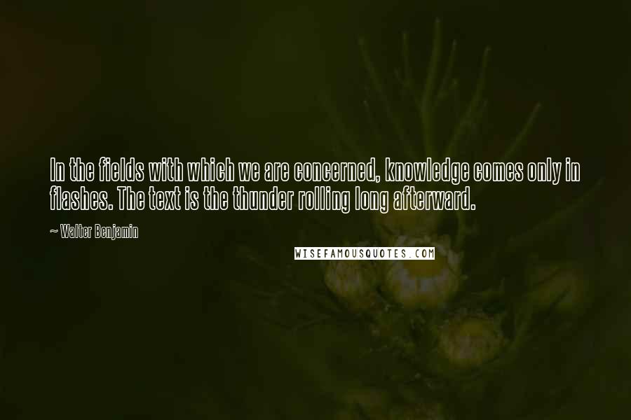 Walter Benjamin Quotes: In the fields with which we are concerned, knowledge comes only in flashes. The text is the thunder rolling long afterward.