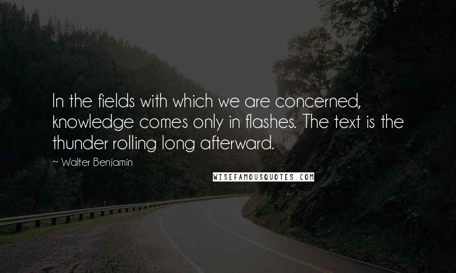 Walter Benjamin Quotes: In the fields with which we are concerned, knowledge comes only in flashes. The text is the thunder rolling long afterward.