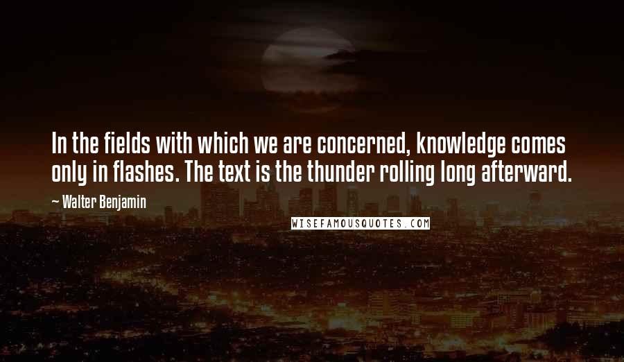 Walter Benjamin Quotes: In the fields with which we are concerned, knowledge comes only in flashes. The text is the thunder rolling long afterward.