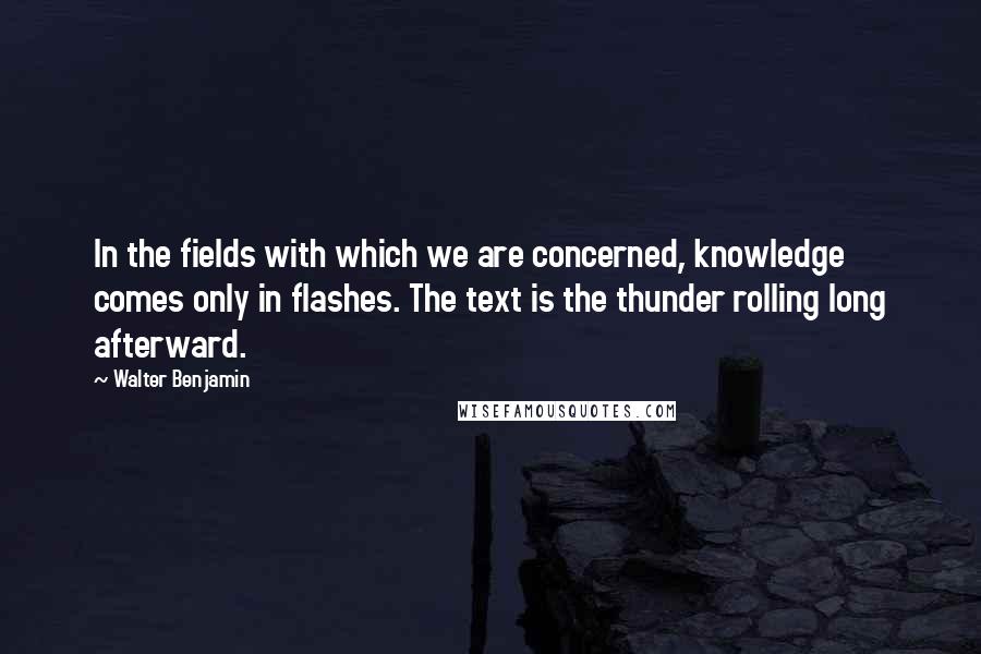 Walter Benjamin Quotes: In the fields with which we are concerned, knowledge comes only in flashes. The text is the thunder rolling long afterward.