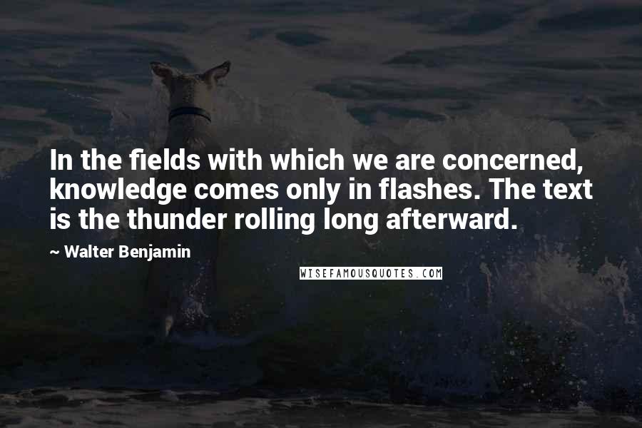 Walter Benjamin Quotes: In the fields with which we are concerned, knowledge comes only in flashes. The text is the thunder rolling long afterward.