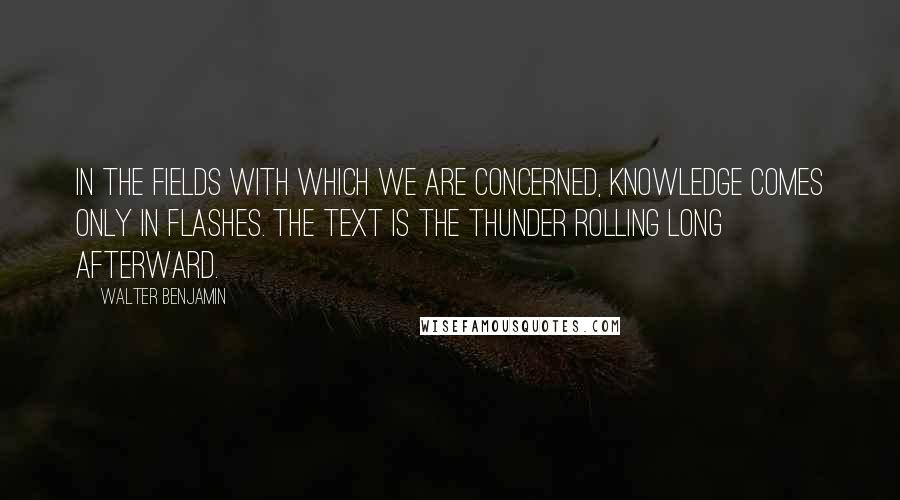 Walter Benjamin Quotes: In the fields with which we are concerned, knowledge comes only in flashes. The text is the thunder rolling long afterward.