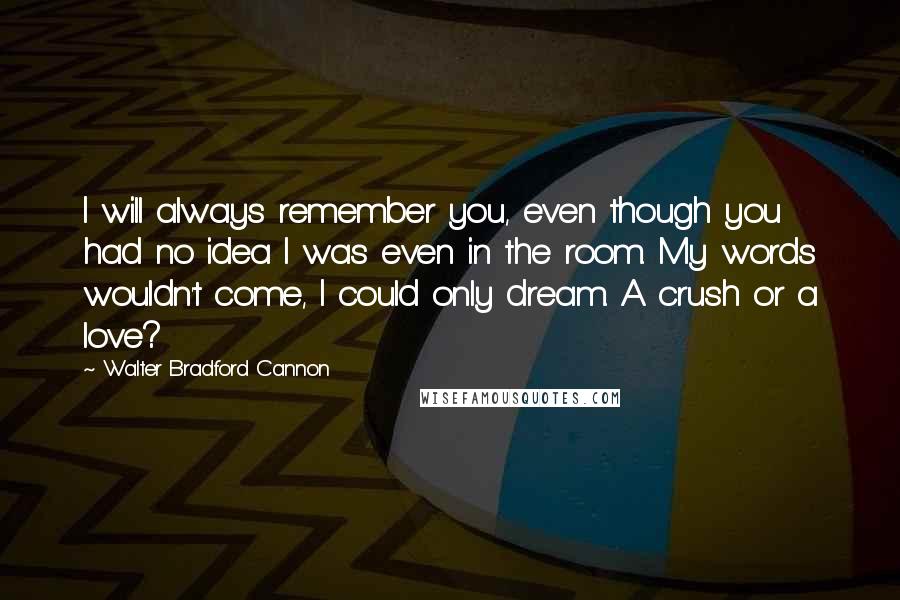 Walter Bradford Cannon Quotes: I will always remember you, even though you had no idea I was even in the room. My words wouldn't come, I could only dream. A crush or a love?
