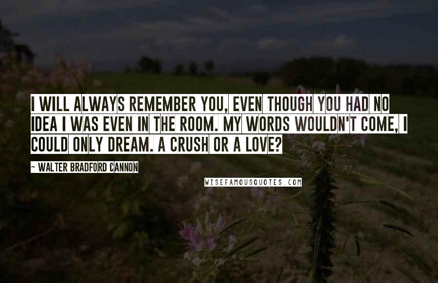 Walter Bradford Cannon Quotes: I will always remember you, even though you had no idea I was even in the room. My words wouldn't come, I could only dream. A crush or a love?