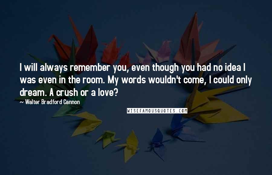 Walter Bradford Cannon Quotes: I will always remember you, even though you had no idea I was even in the room. My words wouldn't come, I could only dream. A crush or a love?