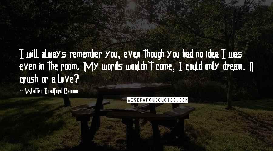 Walter Bradford Cannon Quotes: I will always remember you, even though you had no idea I was even in the room. My words wouldn't come, I could only dream. A crush or a love?