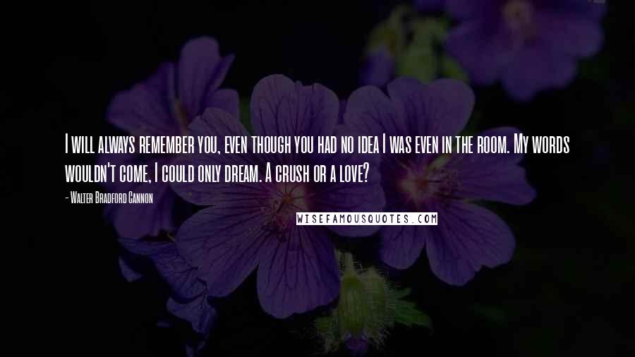 Walter Bradford Cannon Quotes: I will always remember you, even though you had no idea I was even in the room. My words wouldn't come, I could only dream. A crush or a love?