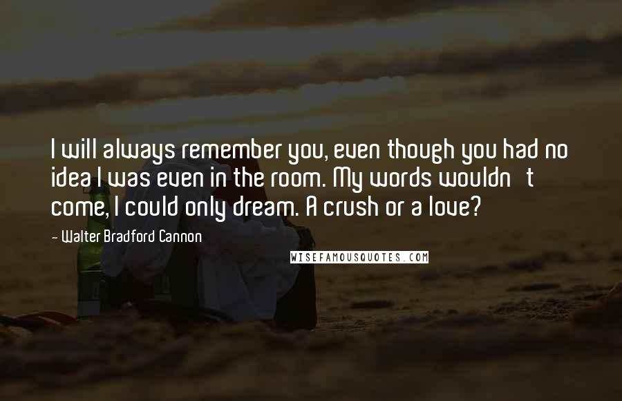 Walter Bradford Cannon Quotes: I will always remember you, even though you had no idea I was even in the room. My words wouldn't come, I could only dream. A crush or a love?