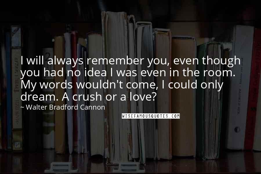 Walter Bradford Cannon Quotes: I will always remember you, even though you had no idea I was even in the room. My words wouldn't come, I could only dream. A crush or a love?