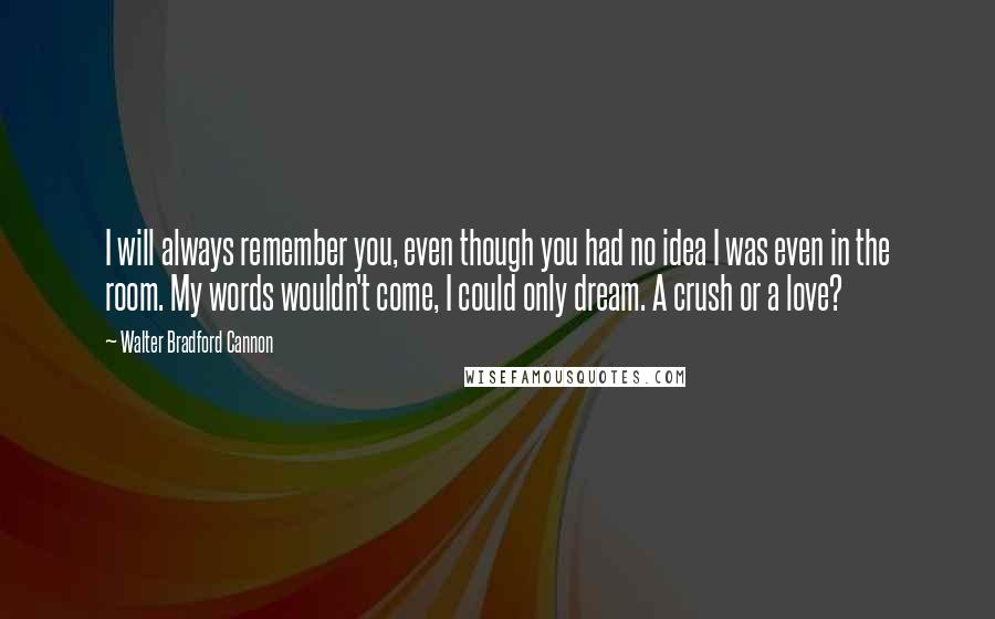 Walter Bradford Cannon Quotes: I will always remember you, even though you had no idea I was even in the room. My words wouldn't come, I could only dream. A crush or a love?