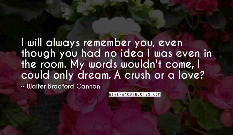 Walter Bradford Cannon Quotes: I will always remember you, even though you had no idea I was even in the room. My words wouldn't come, I could only dream. A crush or a love?
