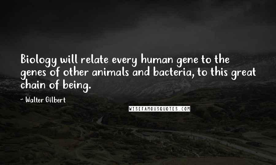 Walter Gilbert Quotes: Biology will relate every human gene to the genes of other animals and bacteria, to this great chain of being.