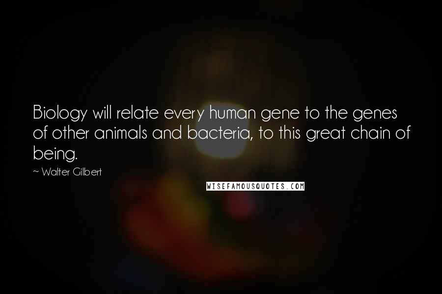 Walter Gilbert Quotes: Biology will relate every human gene to the genes of other animals and bacteria, to this great chain of being.