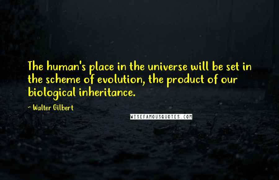 Walter Gilbert Quotes: The human's place in the universe will be set in the scheme of evolution, the product of our biological inheritance.