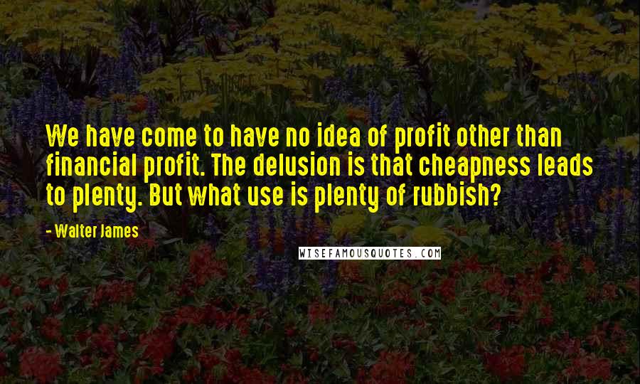 Walter James Quotes: We have come to have no idea of profit other than financial profit. The delusion is that cheapness leads to plenty. But what use is plenty of rubbish?