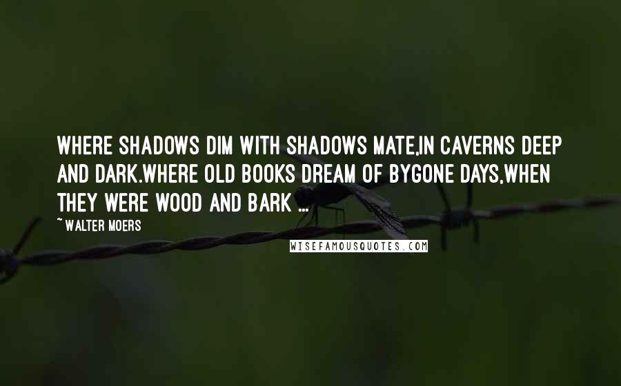 Walter Moers Quotes: Where shadows dim with shadows mate,in caverns deep and dark.Where old books dream of bygone days,when they were wood and bark ...