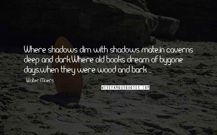 Walter Moers Quotes: Where shadows dim with shadows mate,in caverns deep and dark.Where old books dream of bygone days,when they were wood and bark ...