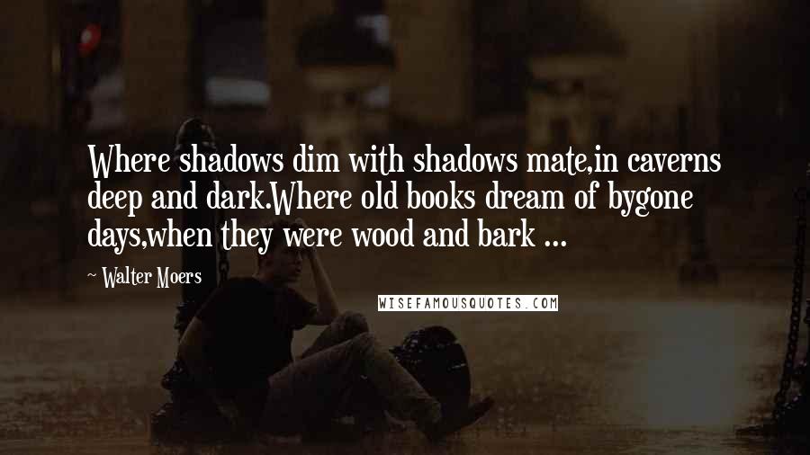 Walter Moers Quotes: Where shadows dim with shadows mate,in caverns deep and dark.Where old books dream of bygone days,when they were wood and bark ...
