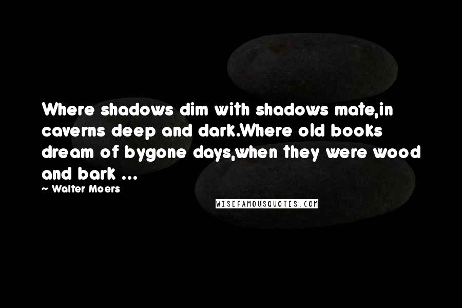 Walter Moers Quotes: Where shadows dim with shadows mate,in caverns deep and dark.Where old books dream of bygone days,when they were wood and bark ...