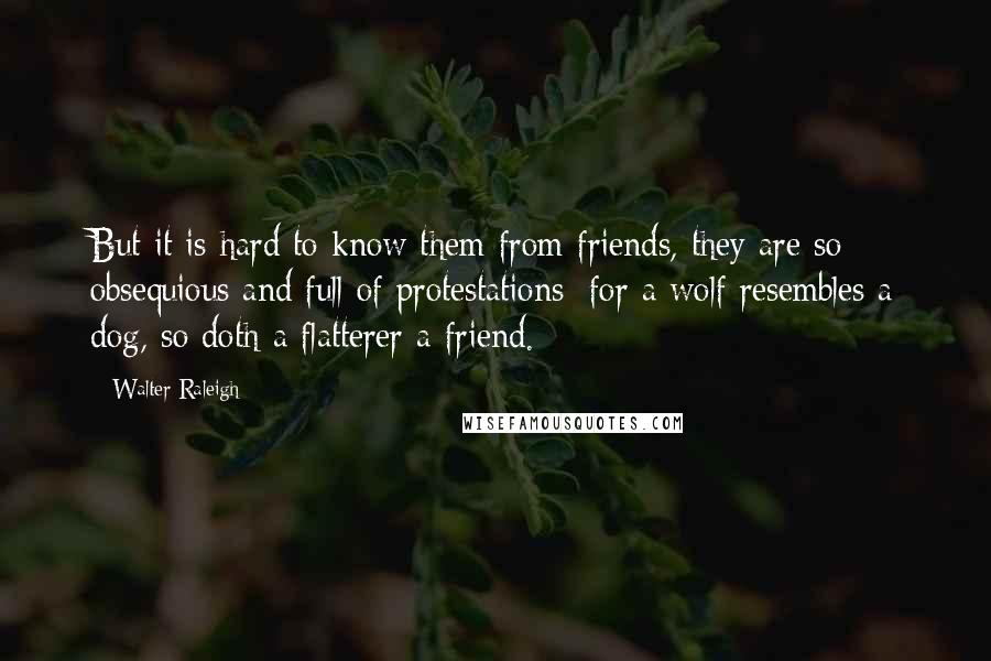 Walter Raleigh Quotes: But it is hard to know them from friends, they are so obsequious and full of protestations; for a wolf resembles a dog, so doth a flatterer a friend.