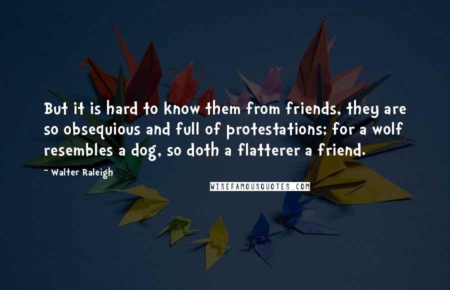 Walter Raleigh Quotes: But it is hard to know them from friends, they are so obsequious and full of protestations; for a wolf resembles a dog, so doth a flatterer a friend.