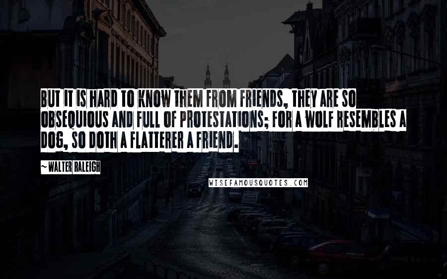 Walter Raleigh Quotes: But it is hard to know them from friends, they are so obsequious and full of protestations; for a wolf resembles a dog, so doth a flatterer a friend.