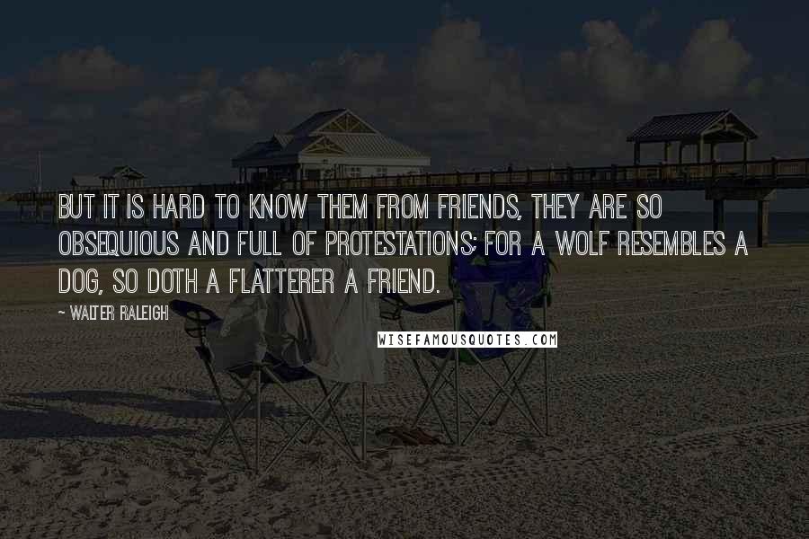 Walter Raleigh Quotes: But it is hard to know them from friends, they are so obsequious and full of protestations; for a wolf resembles a dog, so doth a flatterer a friend.