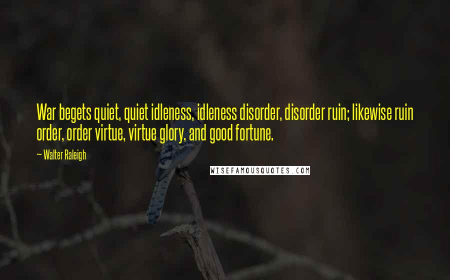 Walter Raleigh Quotes: War begets quiet, quiet idleness, idleness disorder, disorder ruin; likewise ruin order, order virtue, virtue glory, and good fortune.