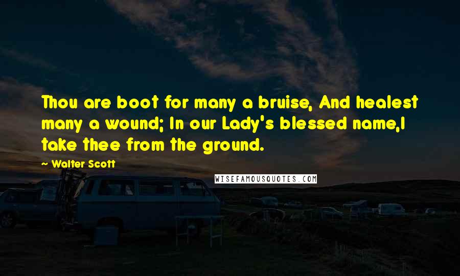 Walter Scott Quotes: Thou are boot for many a bruise, And healest many a wound; In our Lady's blessed name,I take thee from the ground.