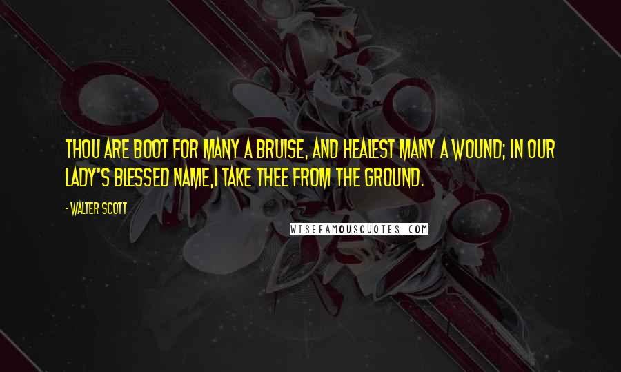 Walter Scott Quotes: Thou are boot for many a bruise, And healest many a wound; In our Lady's blessed name,I take thee from the ground.