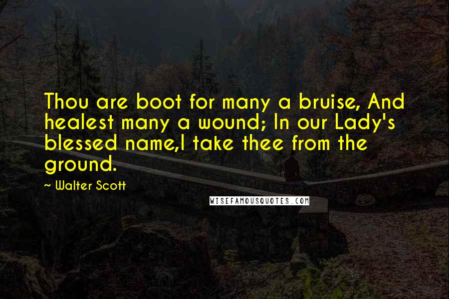 Walter Scott Quotes: Thou are boot for many a bruise, And healest many a wound; In our Lady's blessed name,I take thee from the ground.