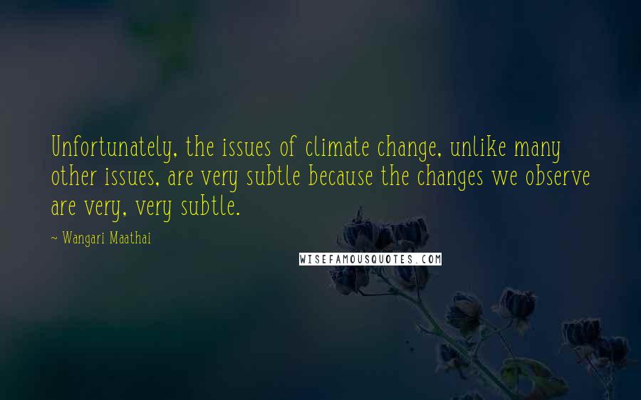 Wangari Maathai Quotes: Unfortunately, the issues of climate change, unlike many other issues, are very subtle because the changes we observe are very, very subtle.
