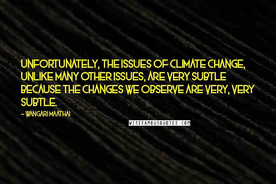 Wangari Maathai Quotes: Unfortunately, the issues of climate change, unlike many other issues, are very subtle because the changes we observe are very, very subtle.