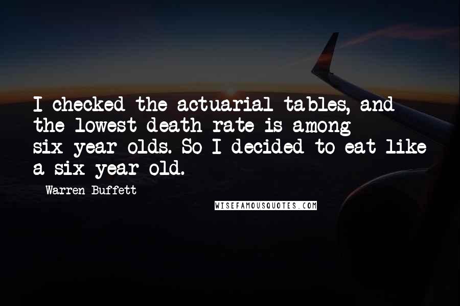 Warren Buffett Quotes: I checked the actuarial tables, and the lowest death rate is among six-year-olds. So I decided to eat like a six-year-old.