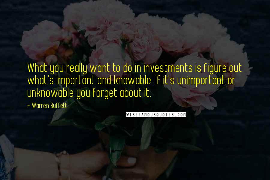 Warren Buffett Quotes: What you really want to do in investments is figure out what's important and knowable. If it's unimportant or unknowable you forget about it.