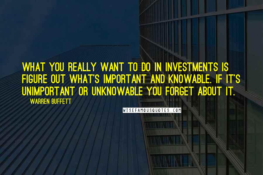 Warren Buffett Quotes: What you really want to do in investments is figure out what's important and knowable. If it's unimportant or unknowable you forget about it.