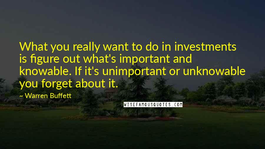 Warren Buffett Quotes: What you really want to do in investments is figure out what's important and knowable. If it's unimportant or unknowable you forget about it.