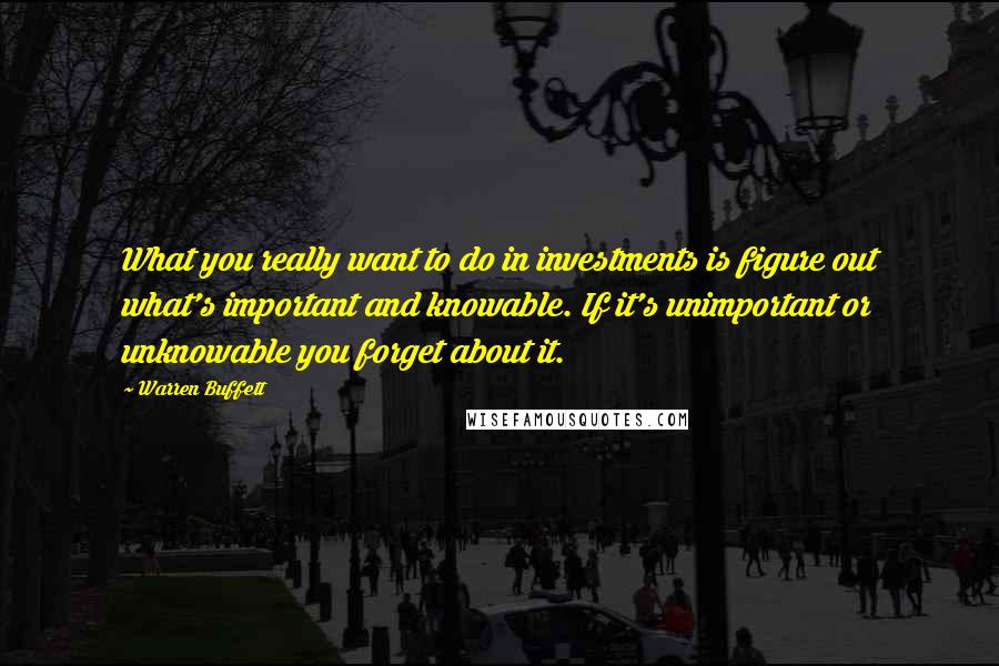 Warren Buffett Quotes: What you really want to do in investments is figure out what's important and knowable. If it's unimportant or unknowable you forget about it.