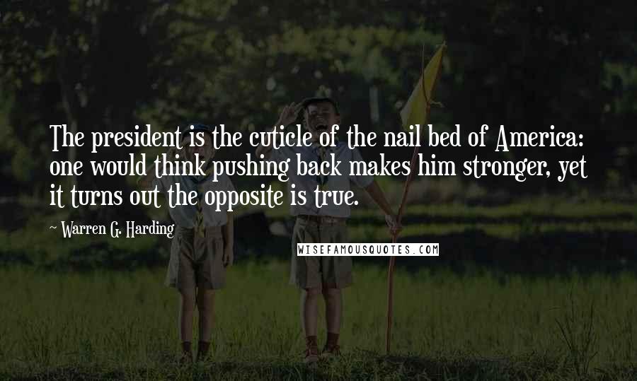 Warren G. Harding Quotes: The president is the cuticle of the nail bed of America: one would think pushing back makes him stronger, yet it turns out the opposite is true.