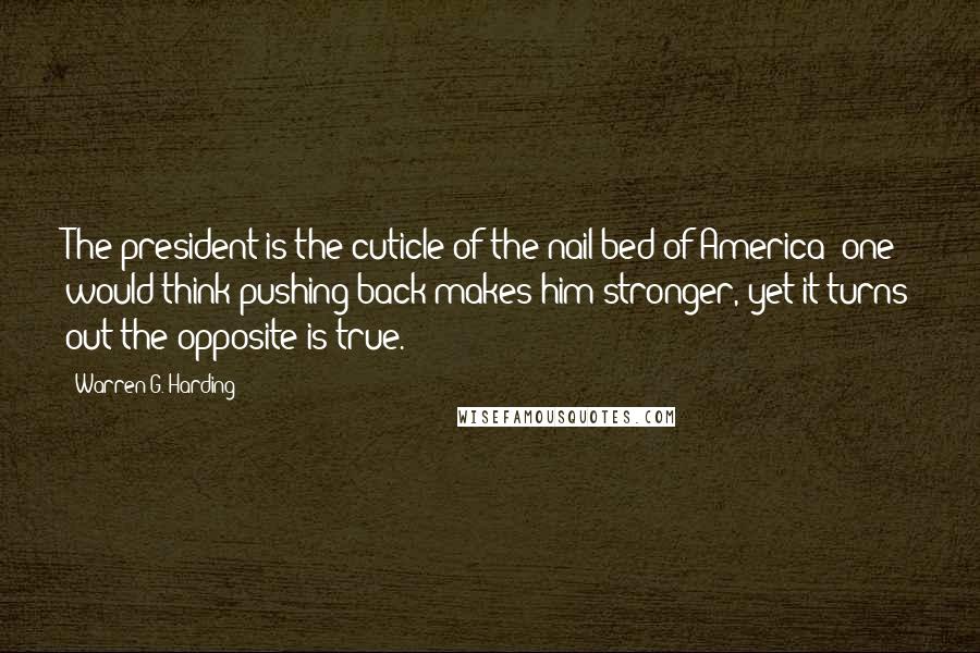 Warren G. Harding Quotes: The president is the cuticle of the nail bed of America: one would think pushing back makes him stronger, yet it turns out the opposite is true.