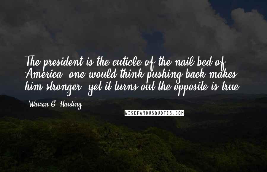 Warren G. Harding Quotes: The president is the cuticle of the nail bed of America: one would think pushing back makes him stronger, yet it turns out the opposite is true.