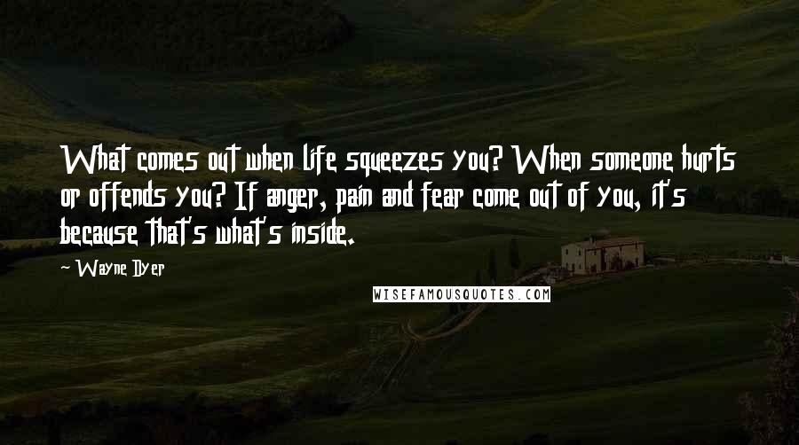 Wayne Dyer Quotes: What comes out when life squeezes you? When someone hurts or offends you? If anger, pain and fear come out of you, it's because that's what's inside.