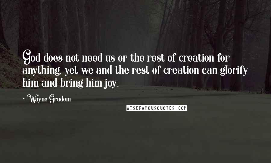 Wayne Grudem Quotes: God does not need us or the rest of creation for anything, yet we and the rest of creation can glorify him and bring him joy.