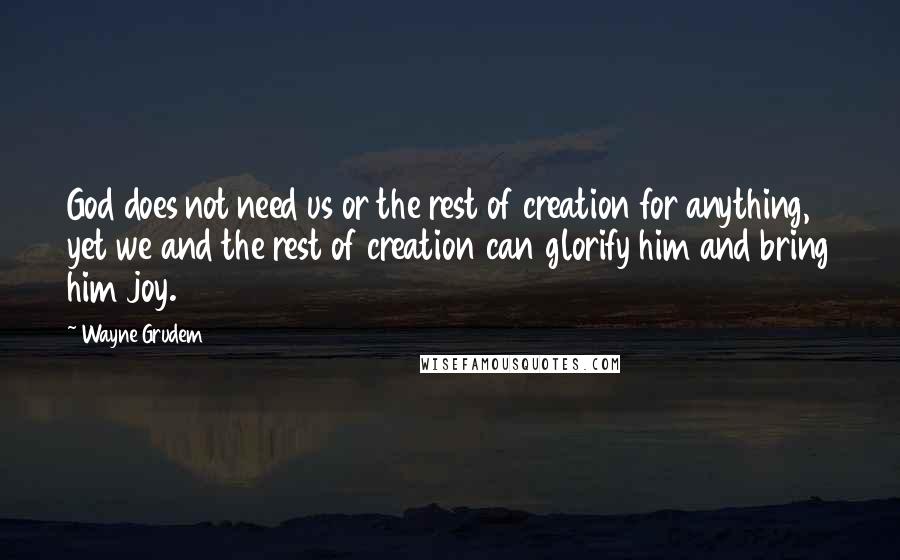 Wayne Grudem Quotes: God does not need us or the rest of creation for anything, yet we and the rest of creation can glorify him and bring him joy.