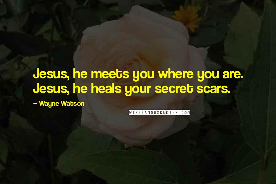 Wayne Watson Quotes: Jesus, he meets you where you are. Jesus, he heals your secret scars.