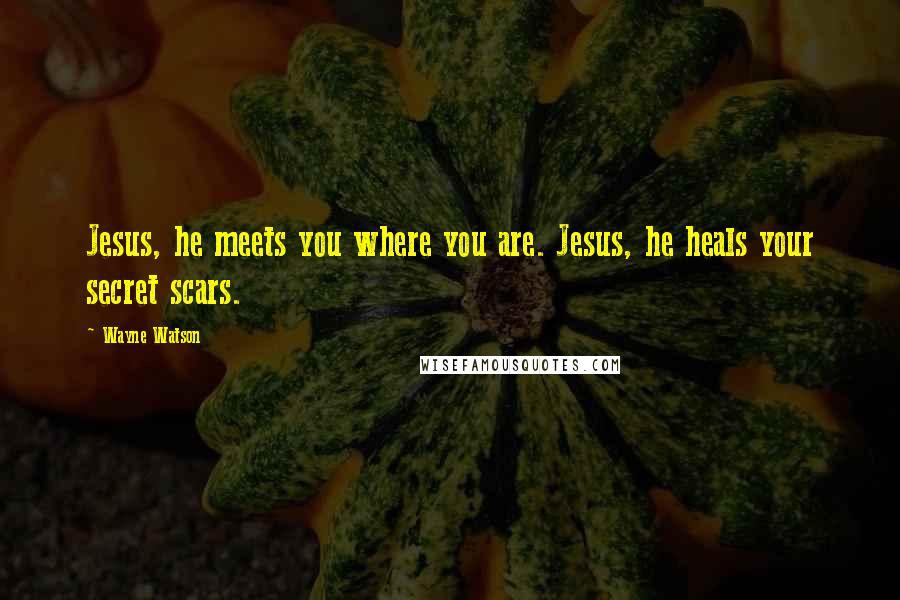Wayne Watson Quotes: Jesus, he meets you where you are. Jesus, he heals your secret scars.