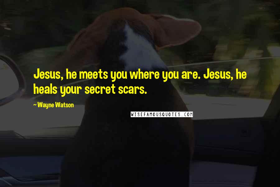 Wayne Watson Quotes: Jesus, he meets you where you are. Jesus, he heals your secret scars.