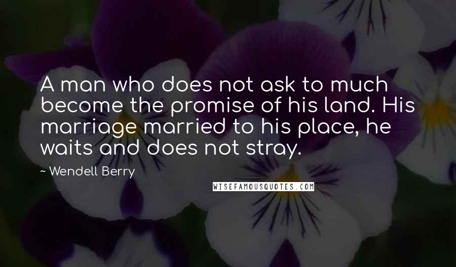 Wendell Berry Quotes: A man who does not ask to much become the promise of his land. His marriage married to his place, he waits and does not stray.