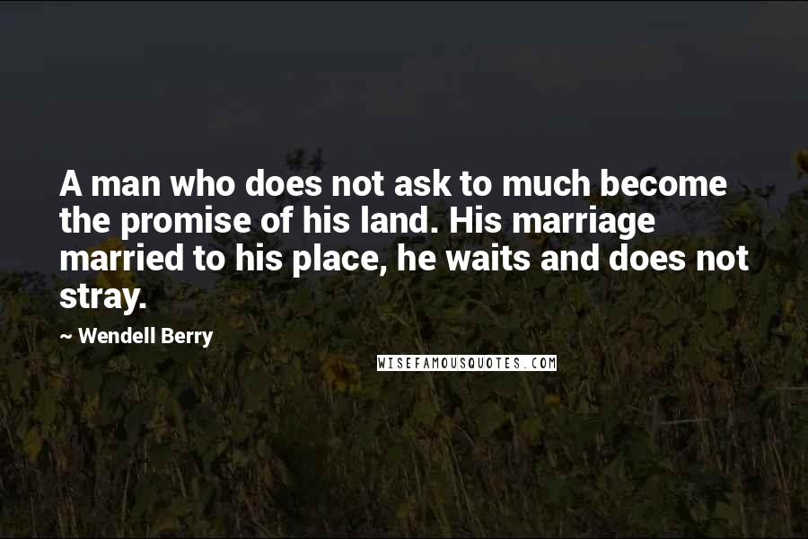 Wendell Berry Quotes: A man who does not ask to much become the promise of his land. His marriage married to his place, he waits and does not stray.